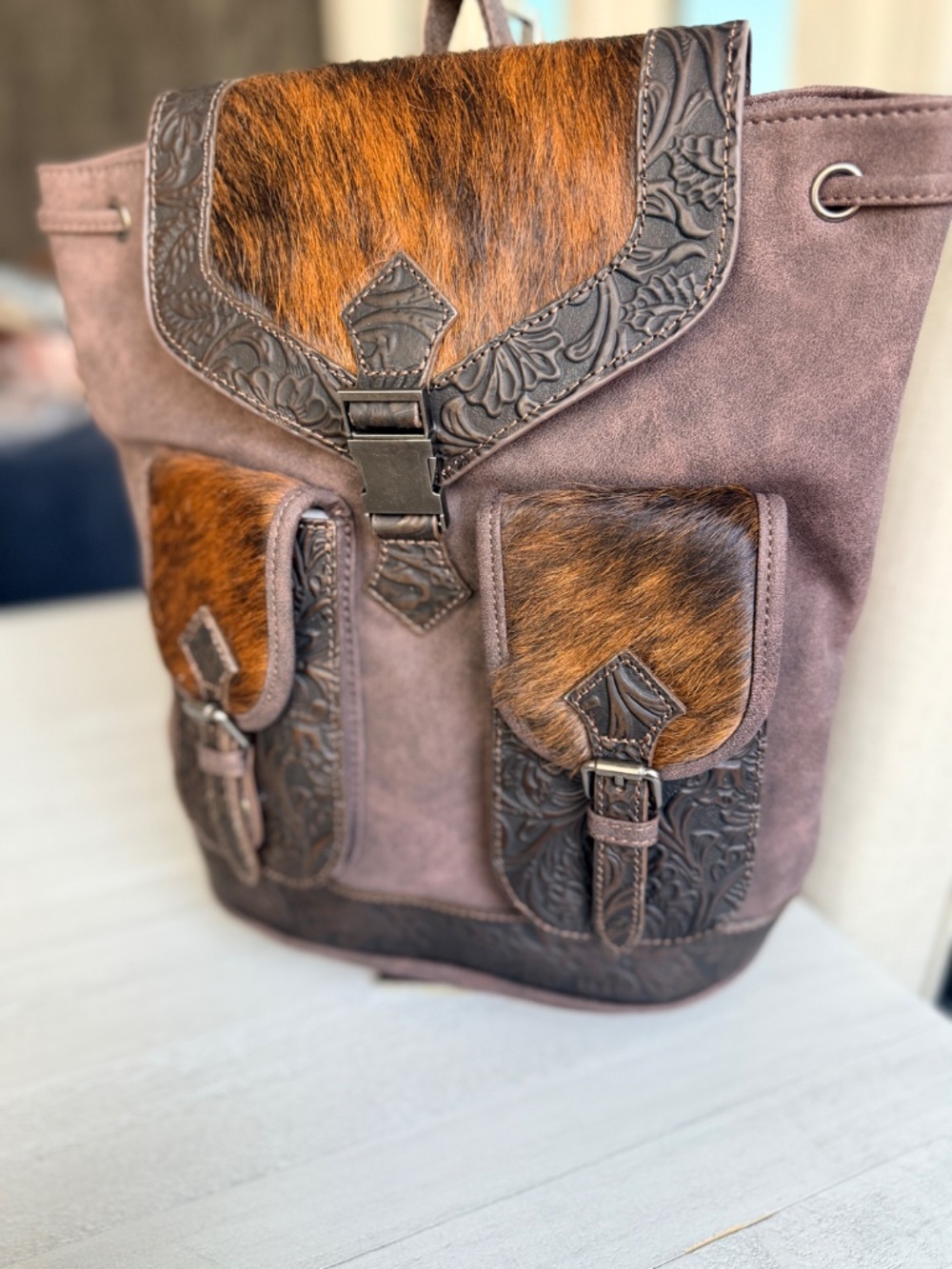 Trinity Ranch Genuine Hair-On Cowhide Tooled Backpack Coffee - Picture 3 of 10